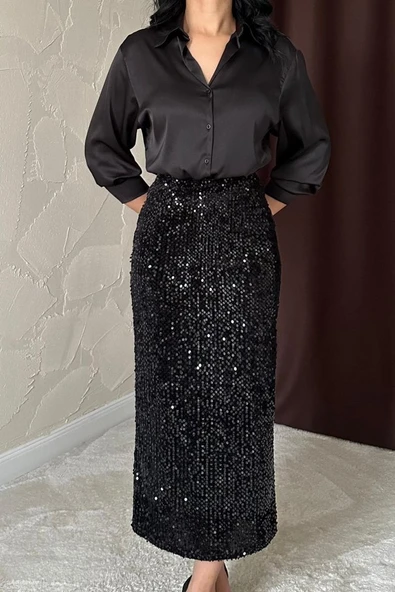 Siyah Pulpayetli Parlak Etek - Resim 3