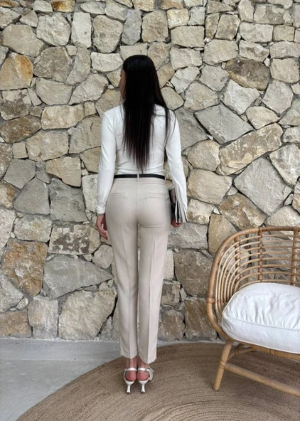 Kadın Yüksek Bel Dar Paça Kemer Dahil Kumaş Pantolon - Resim 6
