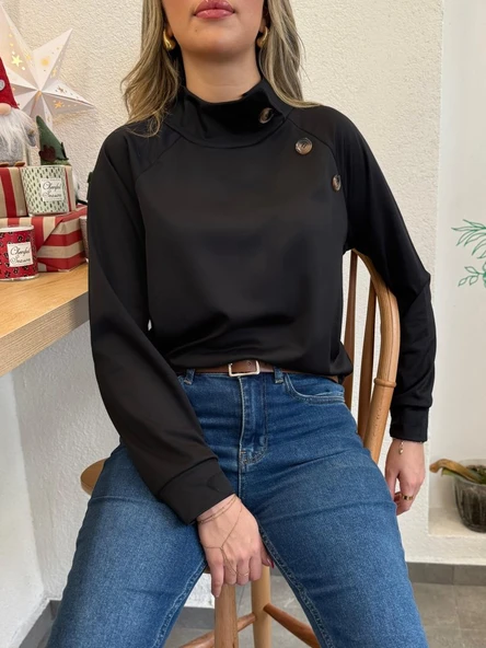 Kadın Uzun Kollu Balıkçı Yaka Düğme Detay şardonlu Dalgıç Bluz ürün görseli 1