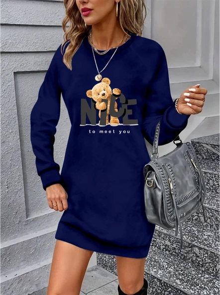 Kadın Uzun Kollu Bisiklet Yaka Ayı Desenli Viskon Iki Iplik Elbise ürün görseli 1