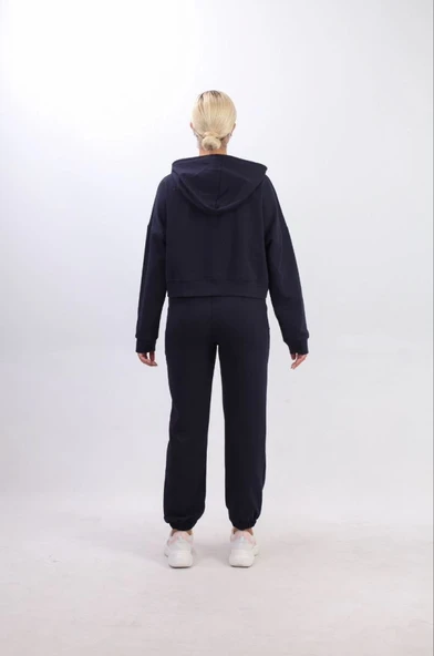 Iki Iplik Kapüşonlu Fermuarlı Crop Oversize Hırka Takım- Lacivert - 4