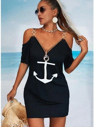 Fermuar Detay çıpa Baskılı Zincir Askılı Viskon Elbise - Resim 2