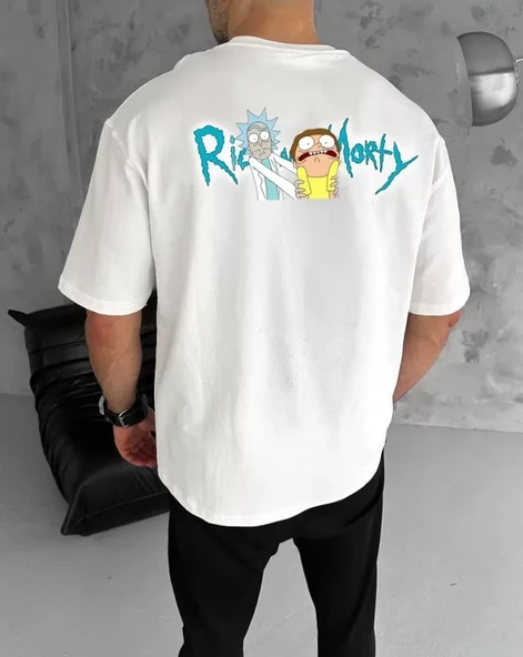 Unisex Bisiklet Yaka Baskılı Oversize T-Shirt - Beyaz - Resim 2