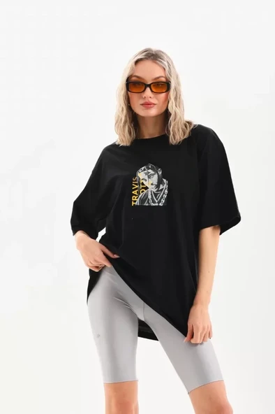 Unisex Baskılı Oversize T-Shirt - Siyah - Resim 2
