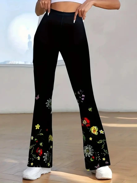 Kadın Yüksek Belli çiçek Desenli Ispanyol Paçalı Dalgıç Tayt Pantolon - Resim 3