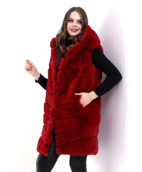 Kadın Kapşonlu Peluş Kürk Yelek Premium Kalite, Tam Astarlı, Uzun Model - Kırmızı - Resim 7