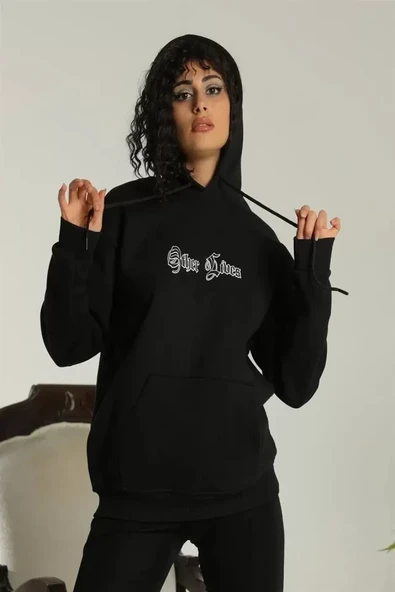 Sırt Baskılı Oversize Üç İplik Kapüşonlu Sweatshirt - Siyah ürün görseli