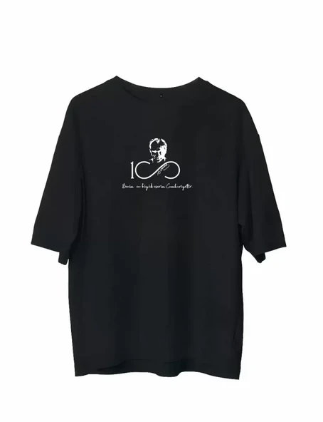 Unisex Bisiklet Yaka Baskılı Oversize T-Shirt - Siyah ürün görseli 1