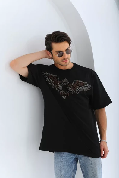 Unisex Oversize Taşlı Bisiklet Yaka T-Shirt - Siyah - Resim 3