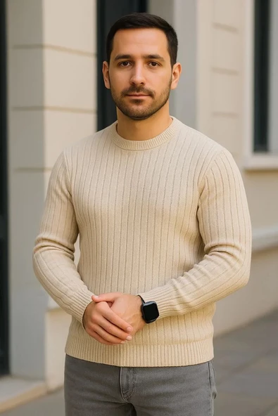 Erkek Bisiklet Yuvarlak Yaka Triko Kazak Pamuklu Kalın Fitilli Dokuma, Regular Fit Uzun Kollu Kışlık Model - Bej - Resim 3