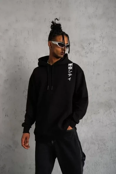 Unisex Kapşonlu Uzun Kol Baskılı Sweetshirt - Siyah ürün görseli 1