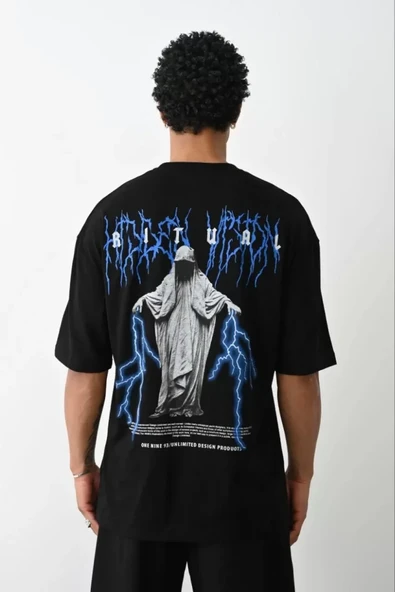 Unisex Baskılı Oversize T-Shirt - Siyah ürün görseli 1