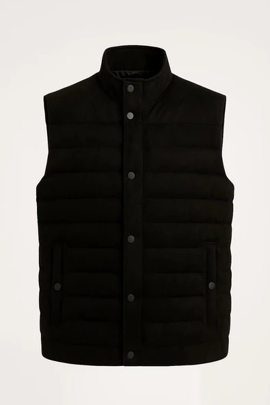 Ezr Çıtçıtlı Erkek Slim Fit Siyah Süet Yelek - 7445 - 2