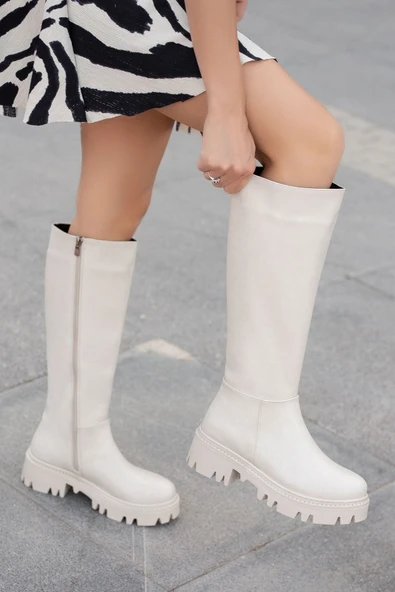 ANDERS Krem Cilt Fermuar Detaylı Kadın Çizme ürün görseli 1