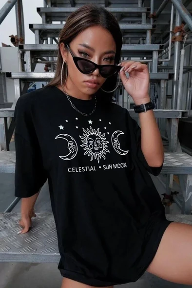 Unisex Baskılı Oversize T-Shirt - Siyah - Resim 3