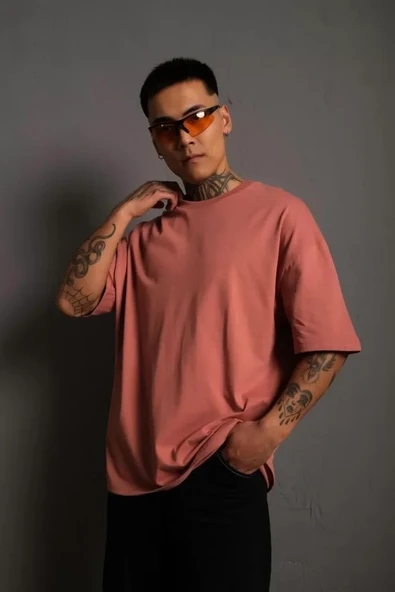 Erkek 24/1 Düz A Kalite Oversize T-shirt - Gül Kurusu ürün görseli 1