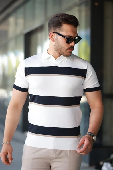 Erkek şerit Desenli Hemşire Yaka Kısa Kollu Tişört ürün görseli 1