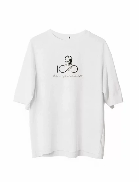 Unisex Bisiklet Yaka Baskılı Oversize T-Shirt - Beyaz ürün görseli