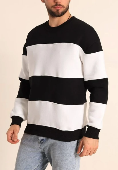 Parçalı Bisiklet Yaka Baskılı SweatShirt - Siyah ürün görseli 1