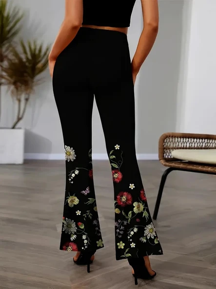 Kadın Yüksek Belli çiçek Desenli Ispanyol Paçalı Dalgıç Tayt Pantolon - Resim 2