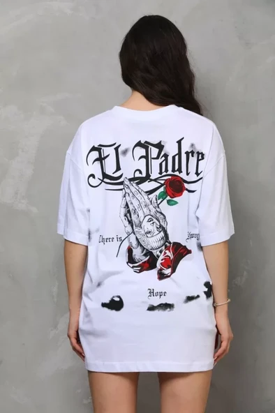 Unisex Bisiklet Yaka Baskılı Oversize T-Shirt - Beyaz - Resim 3