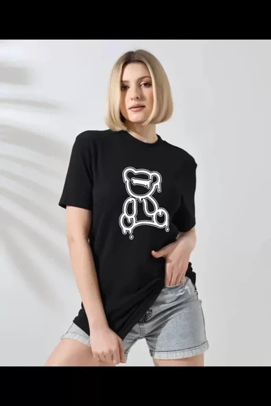 Unisex Bisiklet Yaka Baskılı T-Shirt - Siyah ürün görseli 1