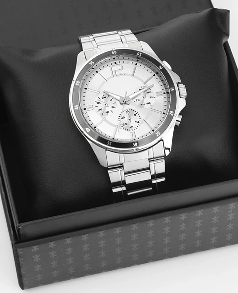 Gümüş Çelik Kordon Erkek Kol Saati Takvimli Beyaz Kadran Özel Kutusunda
