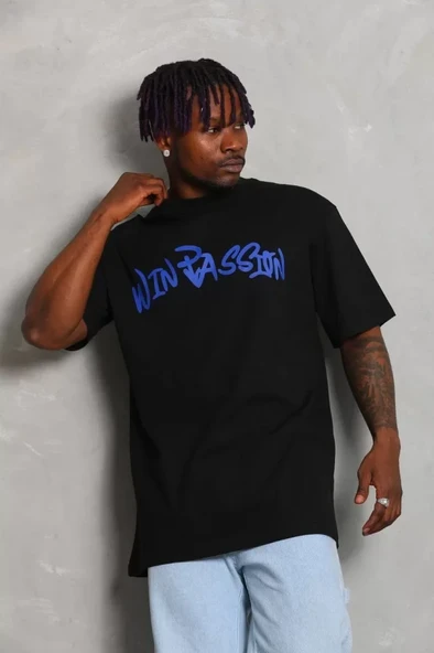 Unisex Oversize Baskılı Bisiklet Yaka T-Shirt - Siyah ürün görseli 1