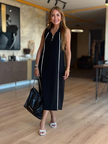 Kadın Modal Kumaş şerit Detaylı Fermuarlı Midi Elbise ürün görseli 1