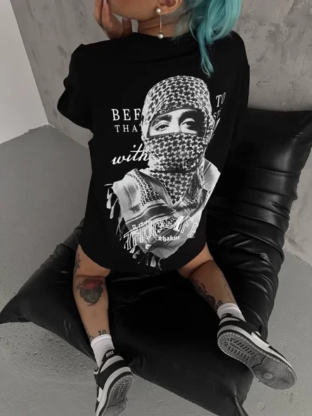 Unisex Baskılı Oversize T-Shirt - Siyah ürün görseli 1