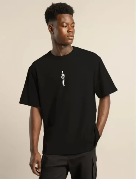 Unisex Bisiklet Yaka Baskılı Oversize T-Shirt - Siyah ürün görseli 1