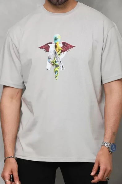 Unisex Bisiklet Yaka Baskılı Oversize T-Shirt - Gri - Resim 2