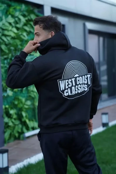 Erkek Sırt Baskılı Kapüşonlu Üç İplik Oversize Sweatshirt - Siyah - Resim 3