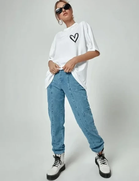 Bisiklet Yaka Baskılı Oversize T-Shirt - Beyaz - Resim 3