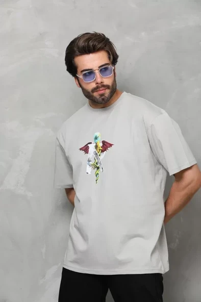 Unisex Bisiklet Yaka Baskılı Oversize T-Shirt - Gri - Resim 4