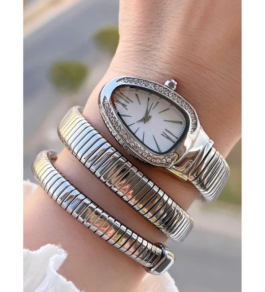 Gümüş Renk Beyaz Kadran Yılan Saat Dolamalı Saat - 4