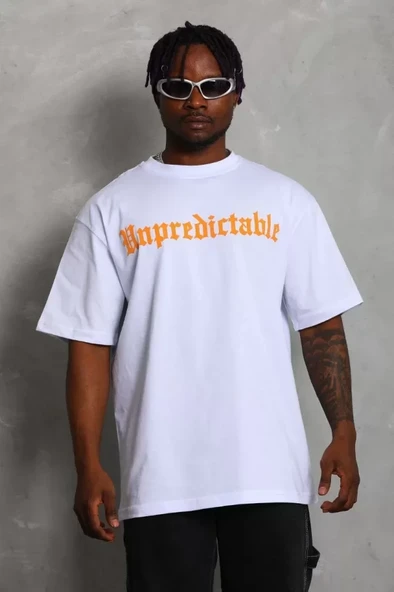 Unisex Oversize Baskılı Bisiklet Yaka T-Shirt - Beyaz - Resim 2