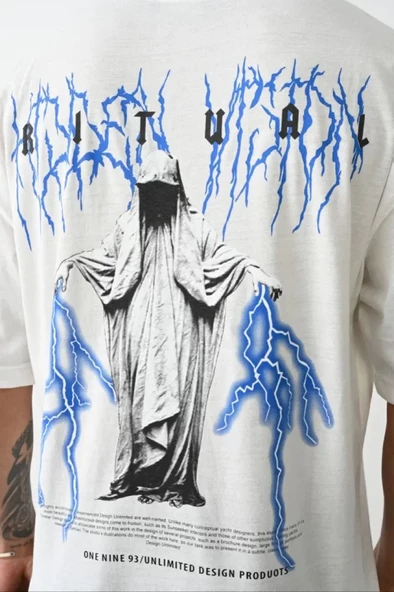 Unisex Baskılı Oversize T-Shirt - Beyaz - Resim 4