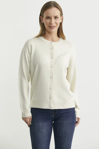 Düğme Detaylı Sıfır Yaka Triko Hırka - Taş ürün görseli