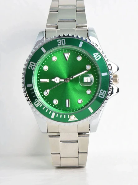 Gümüş Çelik Kordon Erkek Kol Saati Takvimli Yeşil Kadran Özel Kutusunda