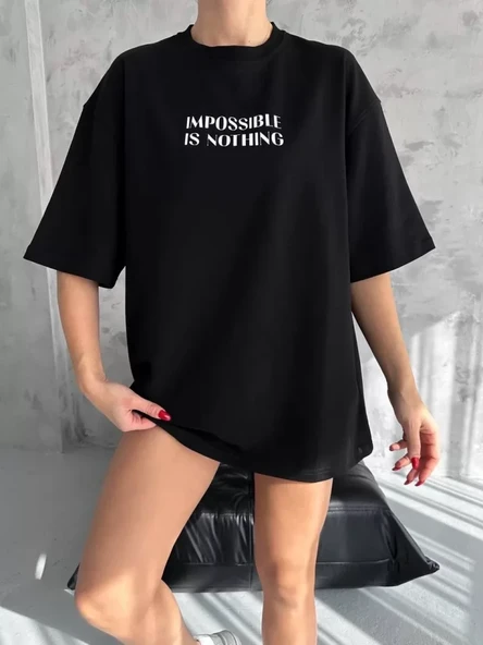 Unisex Bisiklet Yaka Baskılı Oversize T-Shirt - Siyah ürün görseli
