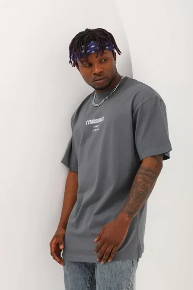 Unisex Oversize Baskılı Bisiklet Yaka T-Shirt - Füme - Resim 2