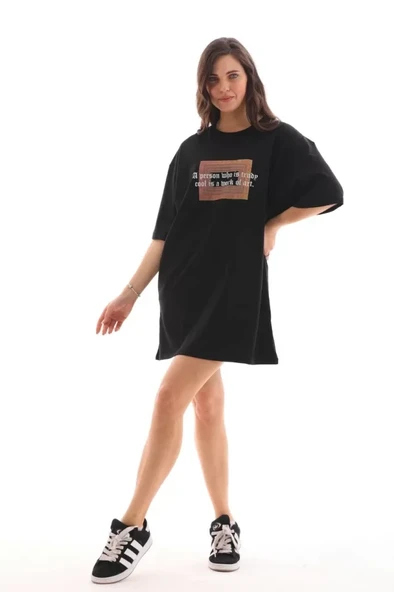 Unisex Bisiklet Yaka Baskılı Oversize T-Shirt - Siyah - Resim 3