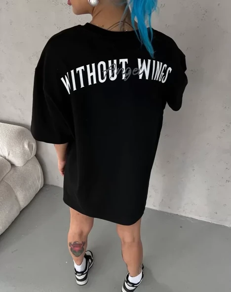 Unisex Bisiklet Yaka Baskılı Oversize T-Shirt - Siyah - Resim 2