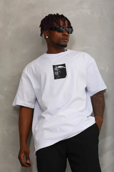 Unisex Oversize Baskılı Bisiklet Yaka T-Shirt - Beyaz ürün görseli 1