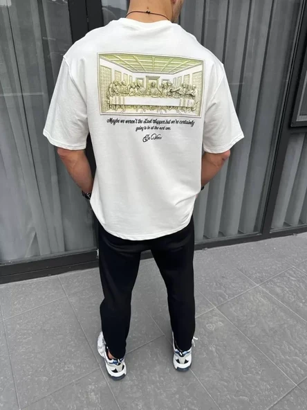 Unisex Baskılı Oversize T-Shirt - Beyaz - Resim 2