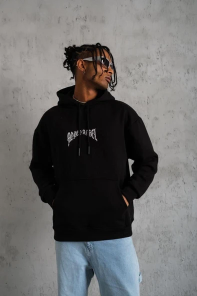 Erkek Kordon İpli Baskılı Kapüşonlu Sweatshirt - Siyah ürün görseli 1