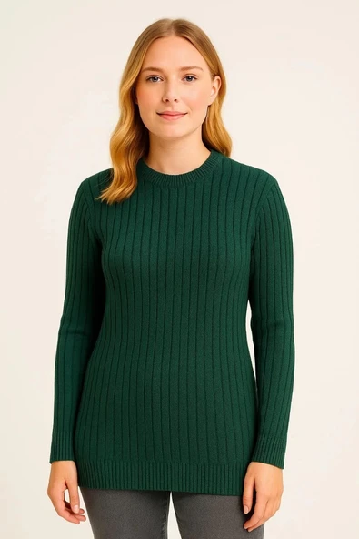 Kadın Bisiklet Yuvarlak Yaka Triko Kazak Pamuklu Kalın Fitilli Dokuma, Regular Fit Uzun Kollu Kışlık Model - Haki - 2