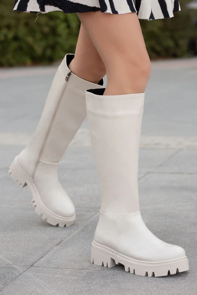 ANDERS Krem Cilt Fermuar Detaylı Kadın Çizme - Resim 2