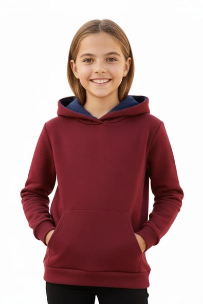 Kız Çocuk Bordo Kapüşonlu Cepli 3 İplik Sweatshirt BGL-ST04998 - Resim 2